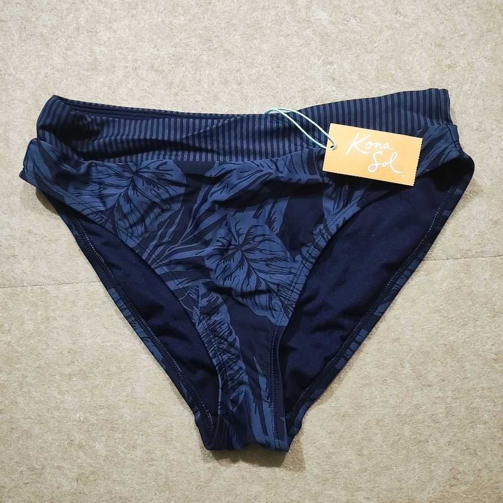 Kona Sol Navy Leaf Print Bikini Bottom -D